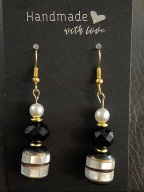 Handmade Gold-Tone Earrings with Black Glass Faceted beads and Mother of Pearl